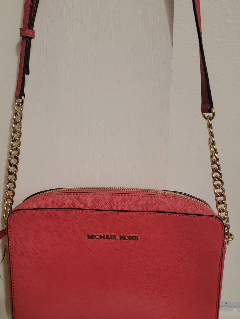 Michael Kors Coral Saffiano Crossbody with Gold Chain Strap